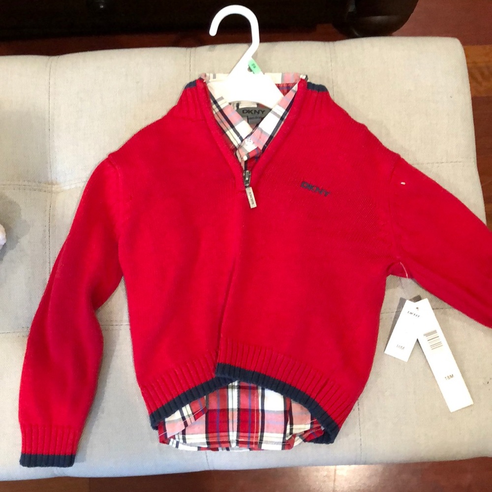 Boys sweater & button down plaid DKNY shirt
